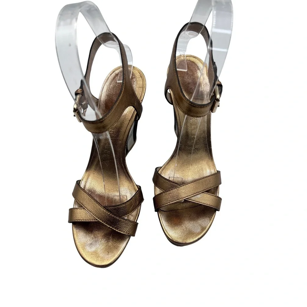 Burberry Wedge Sandals Womens 37.5 Bronze Good House Check Metallic Strappy Heel
